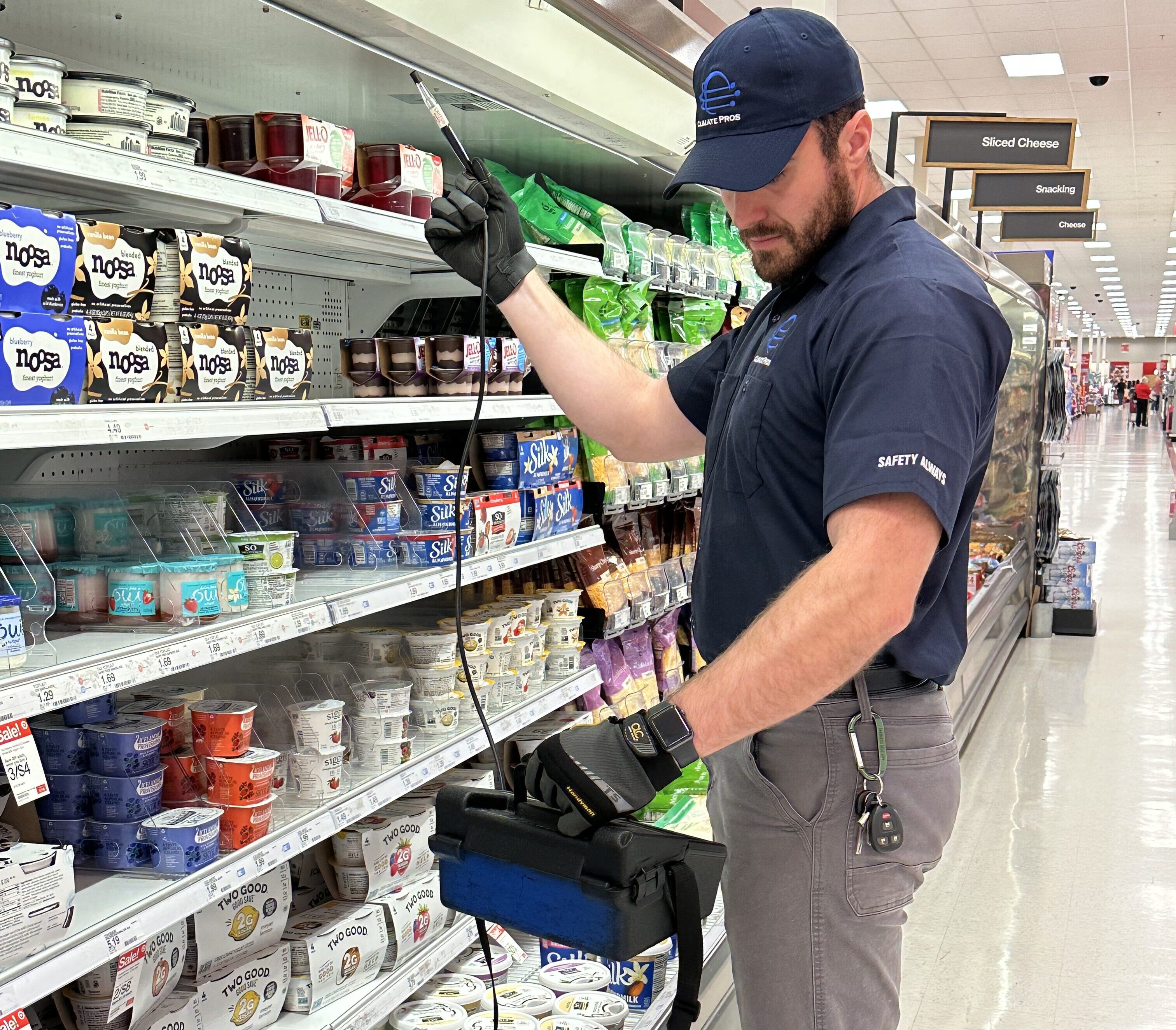 Climate Pros technician leak-checking a refrigeration unit